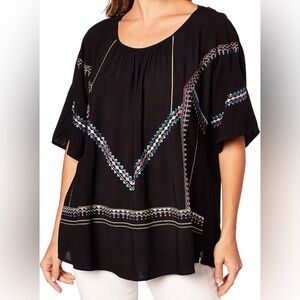 ETHNIC TOP BLACK EMBROIDERED AZTEC PRINT PEASANT BLOUSE SIZE SMALL